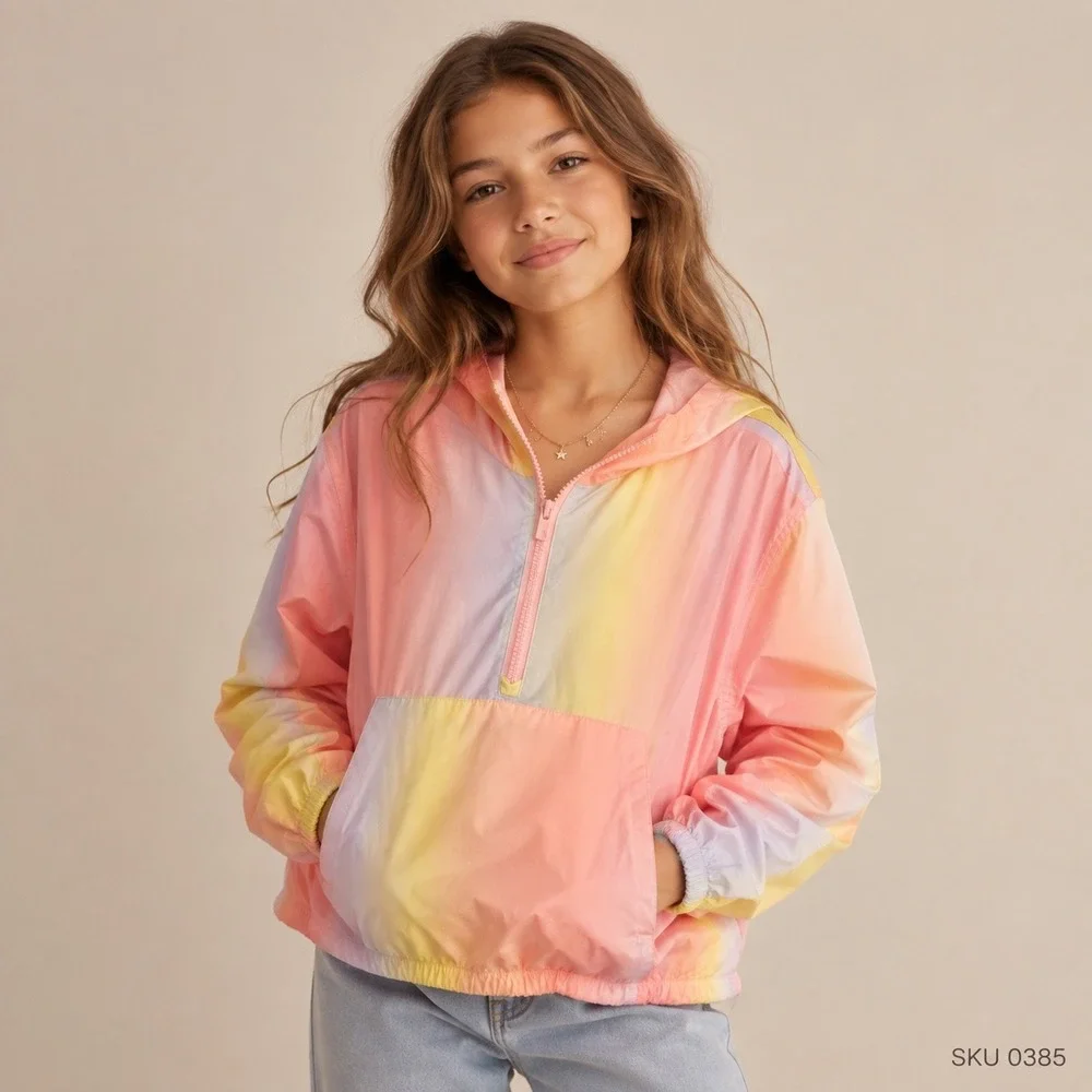 Gap Kids Girls Pastel Ombre Half Zip Hooded Windbreaker Jacket Pink Yellow 0385